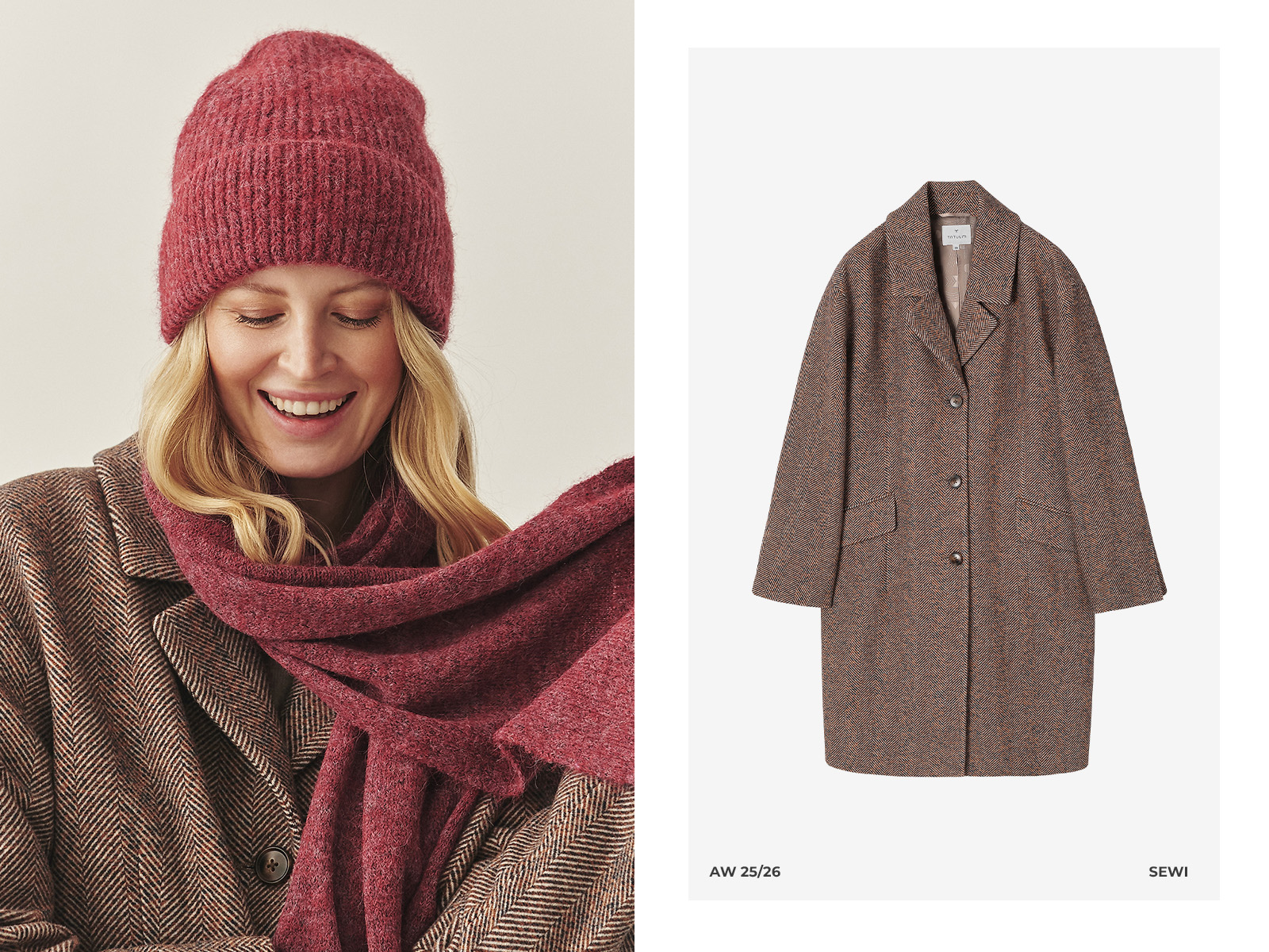 uśmiechnięta kobieta w czapce oraz szaliku, płaszcz