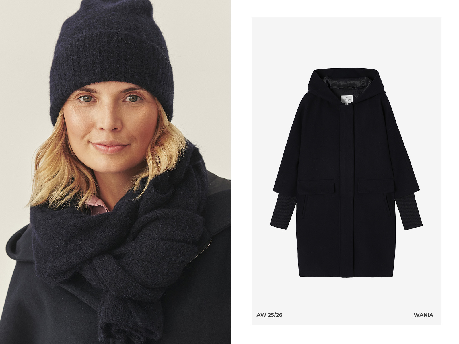 kobieta w szaliku i czapce oraz płaszcz