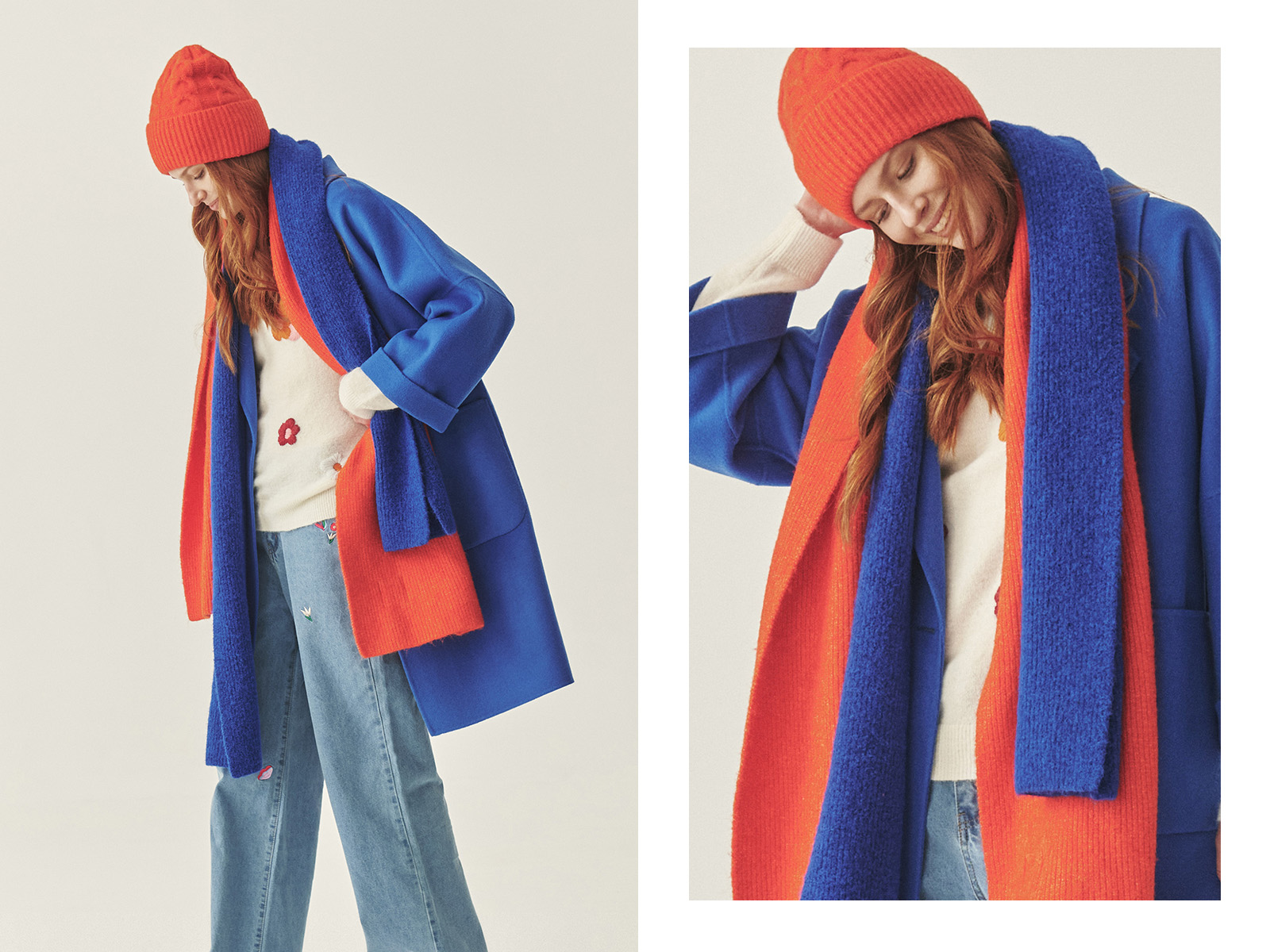 žena v modrom kabáte, oranžovej čiapke a dvoch šáloch, oranžovej a modrej