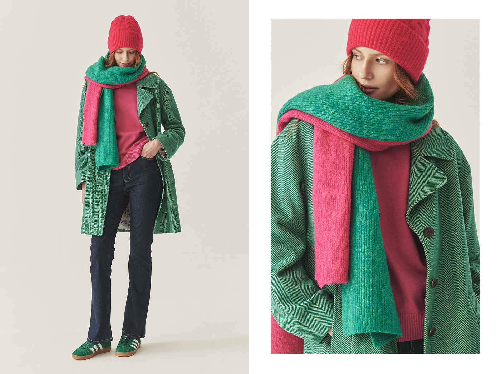 žena v zelenom kabáte, ružovom klobúku, zelenom a ružovom zimnom šále