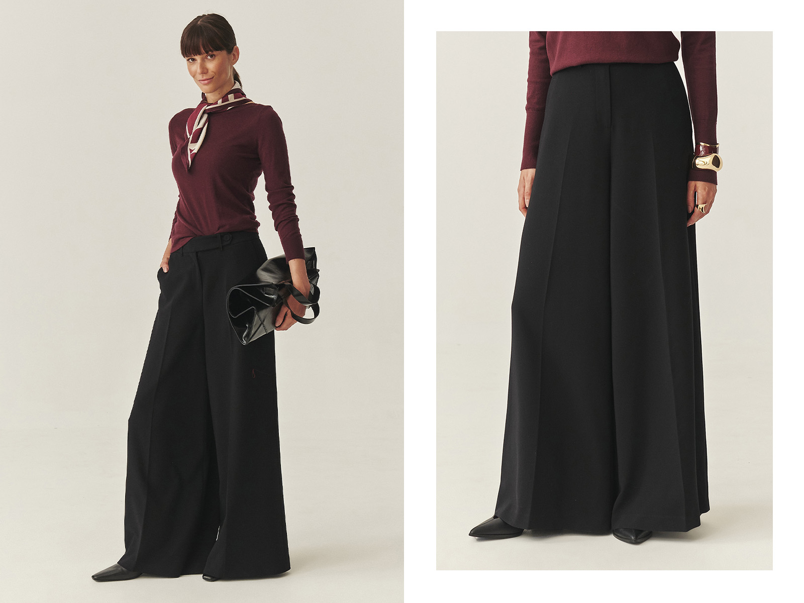 žena v elegantních kalhotách a vínovém svetru