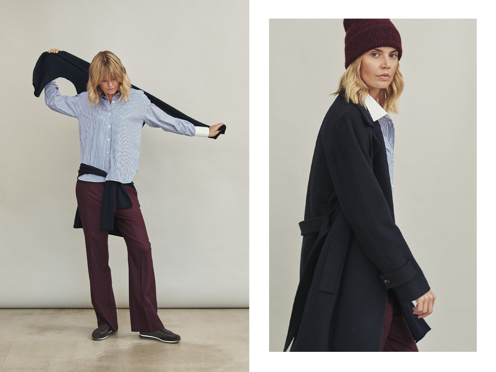 žena v modrej košeli a bordových elegantných nohaviciach