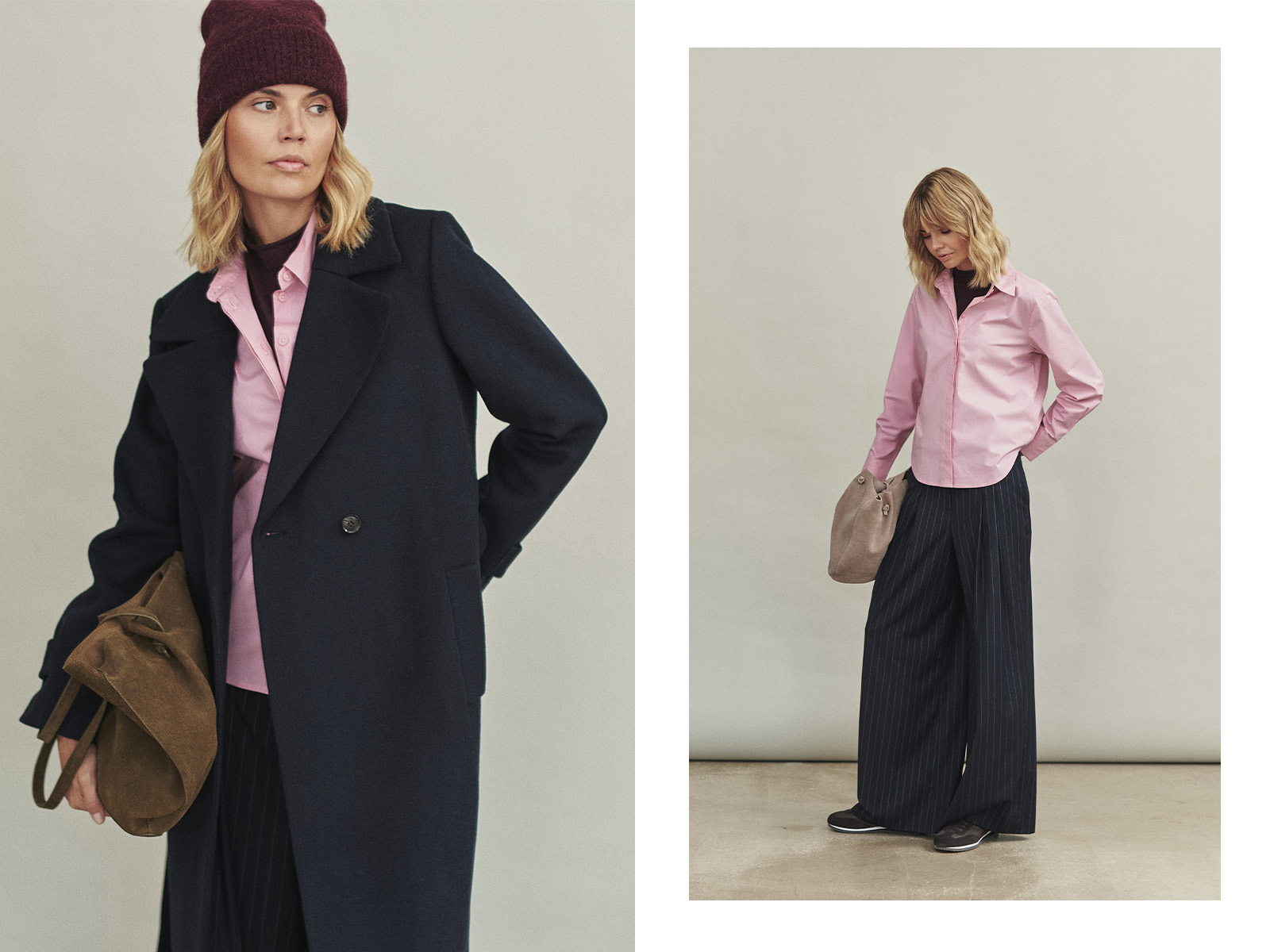 žena v ružovej košeli, nohaviciach, čiernych nohaviciach a elegantnom kabáte