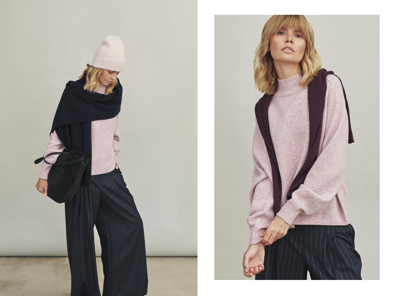 žena v tmavomodrých nohaviciach a ružovom svetri