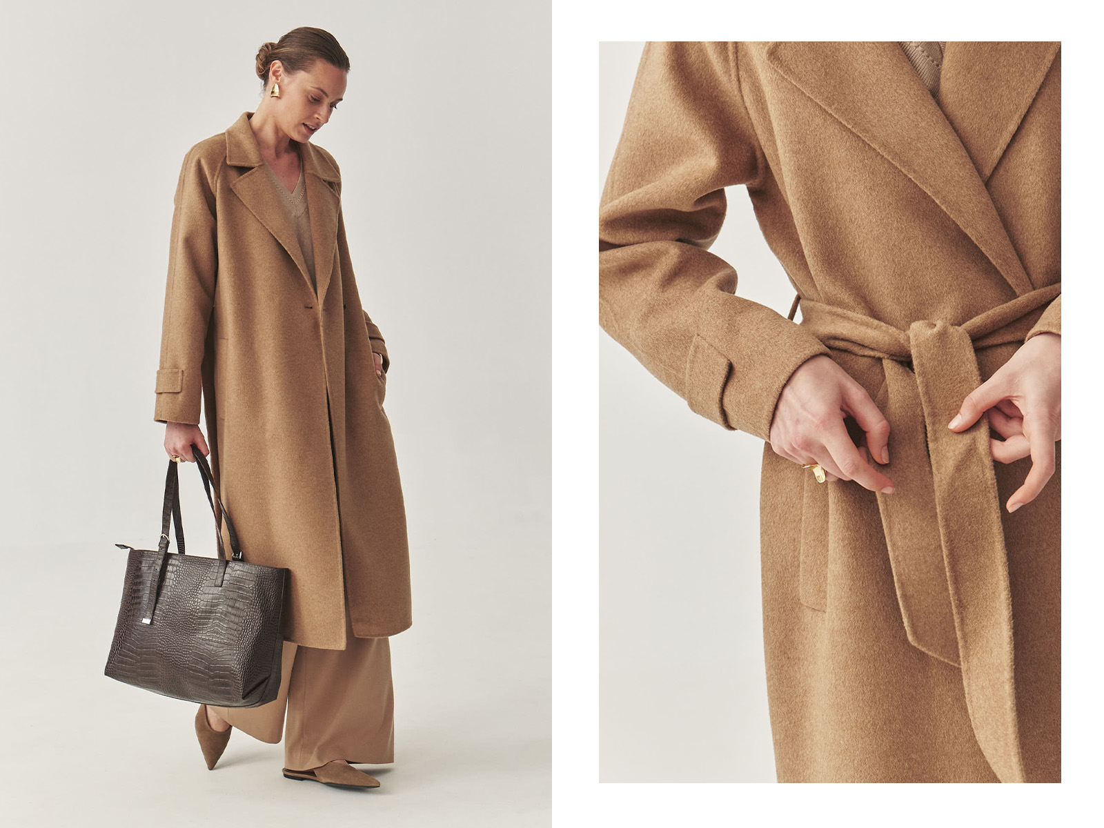 Modelka w beżowym płaszczu typu oversize