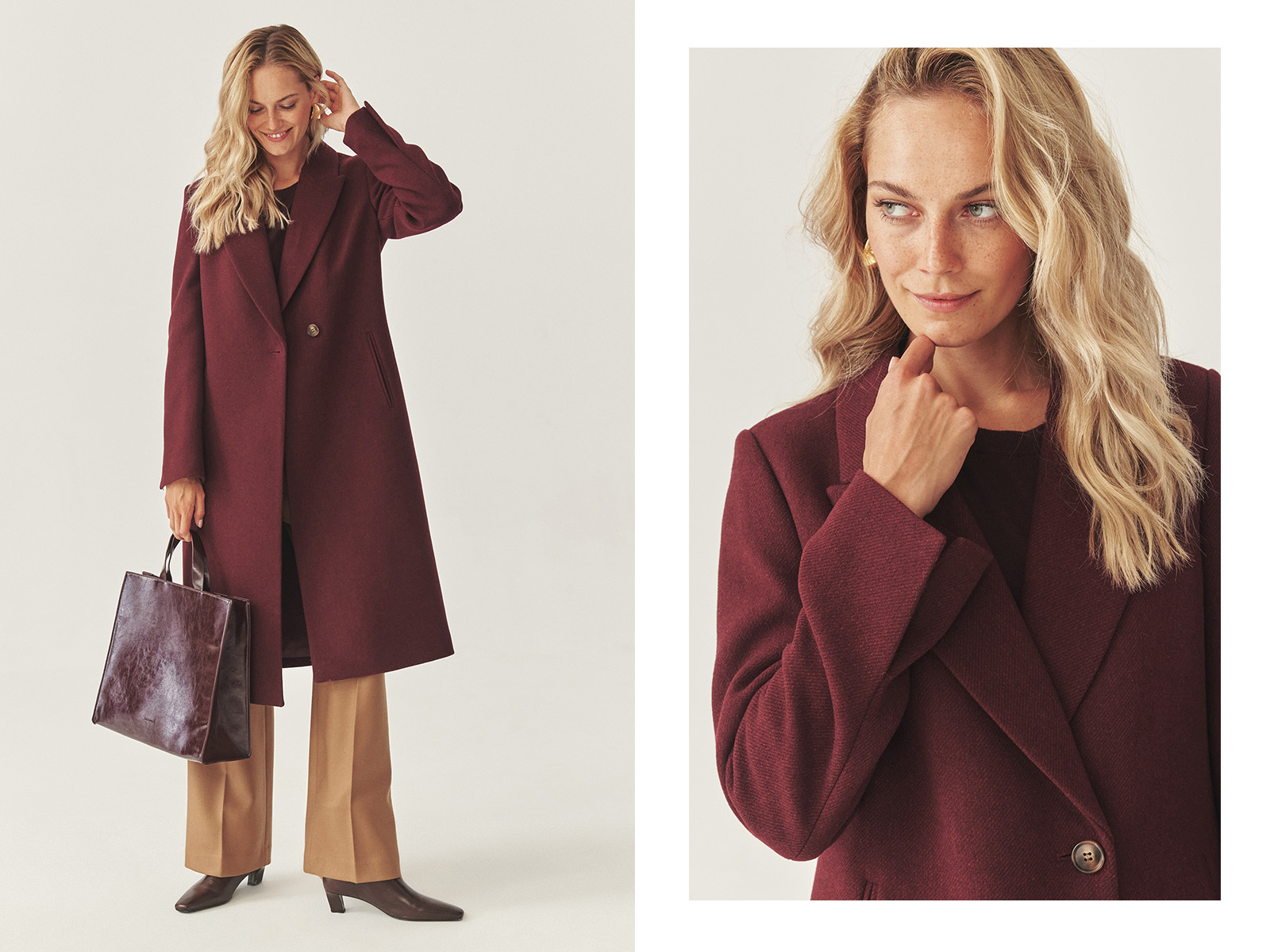 Modelka w bordowym, eleganckim płaszczu