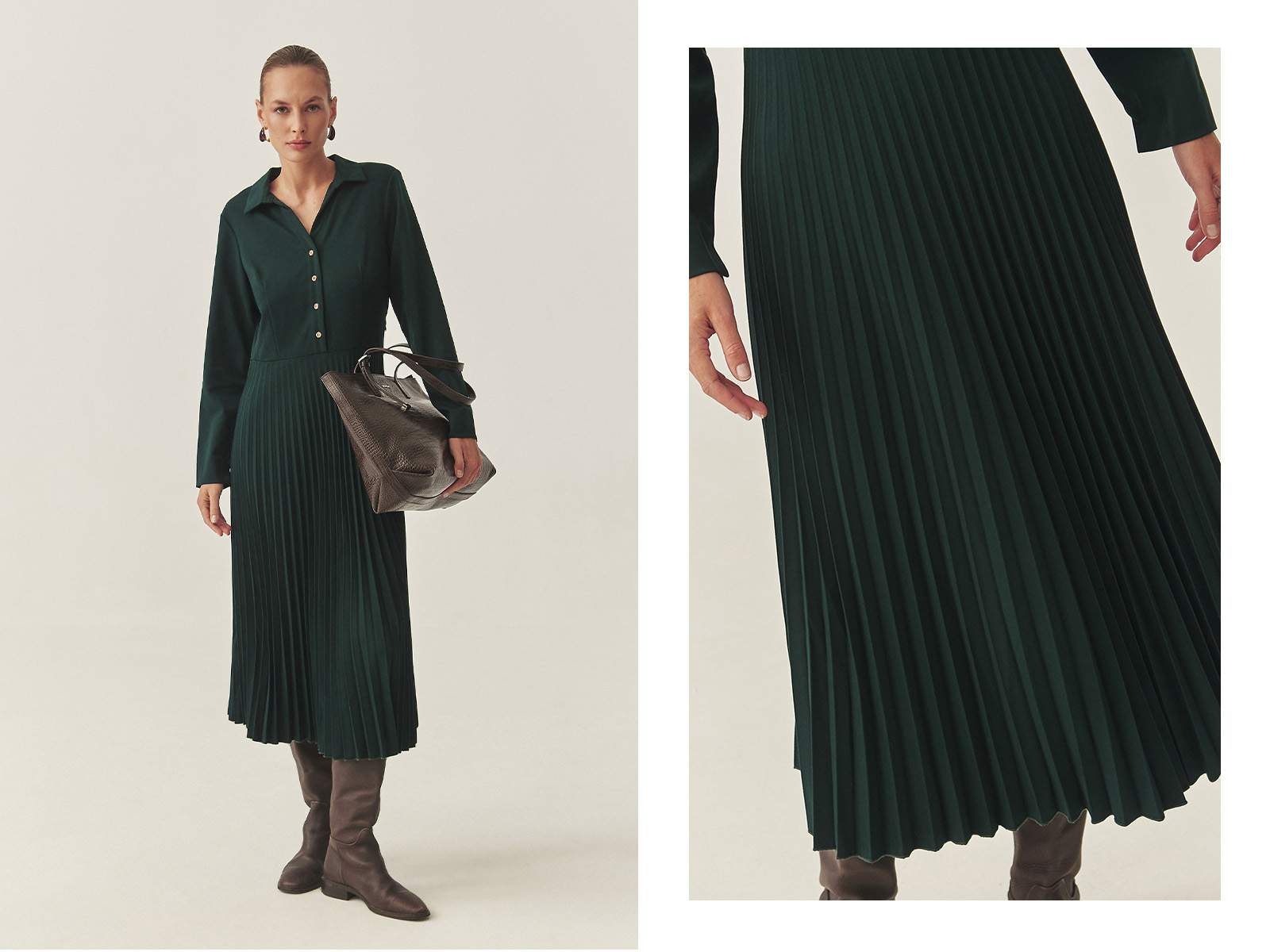 Modelka w eleganckiej zielonej sukience z plisowanym dołem