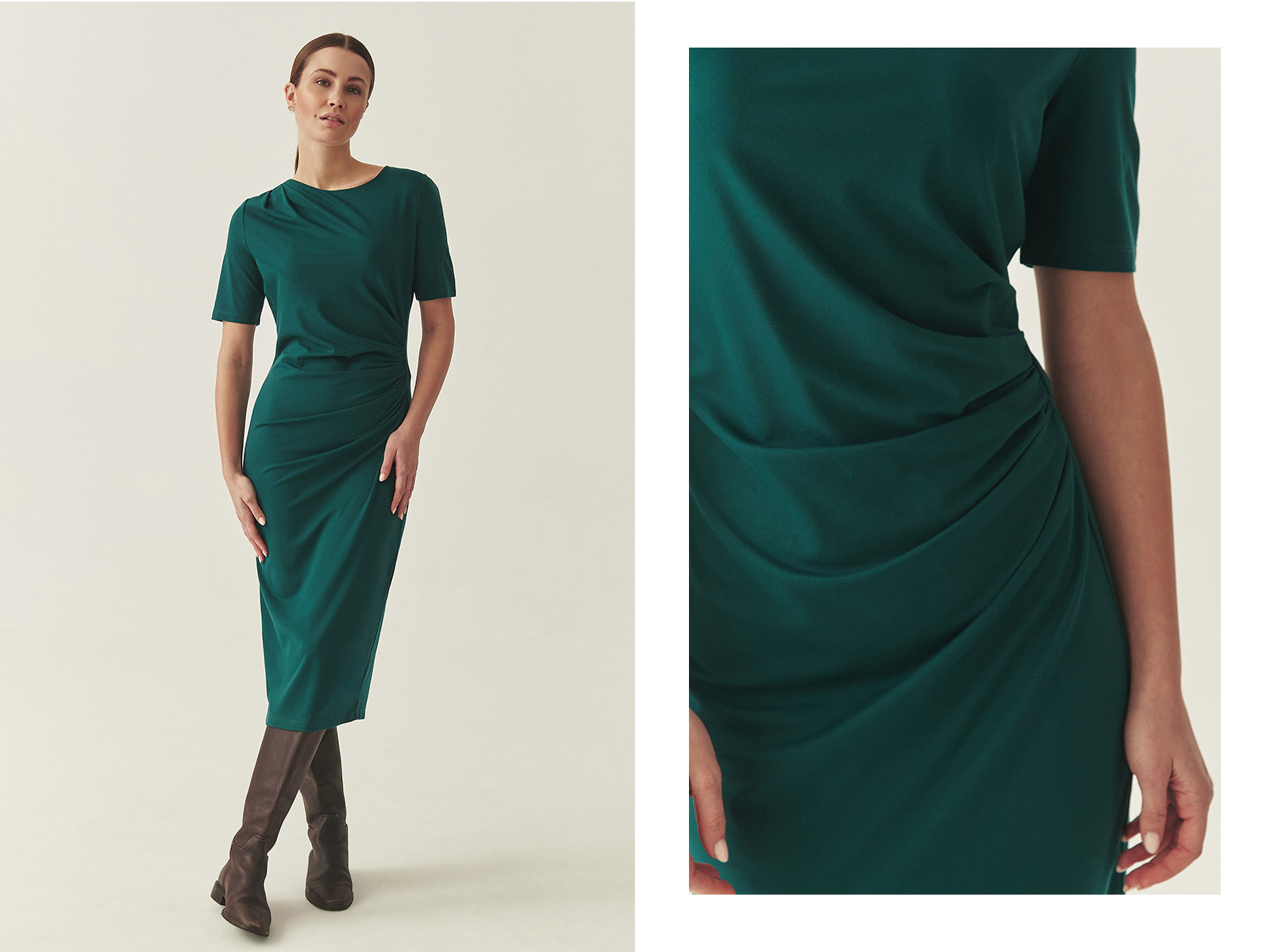 Kobieta w dzianinowej zielonej sukience