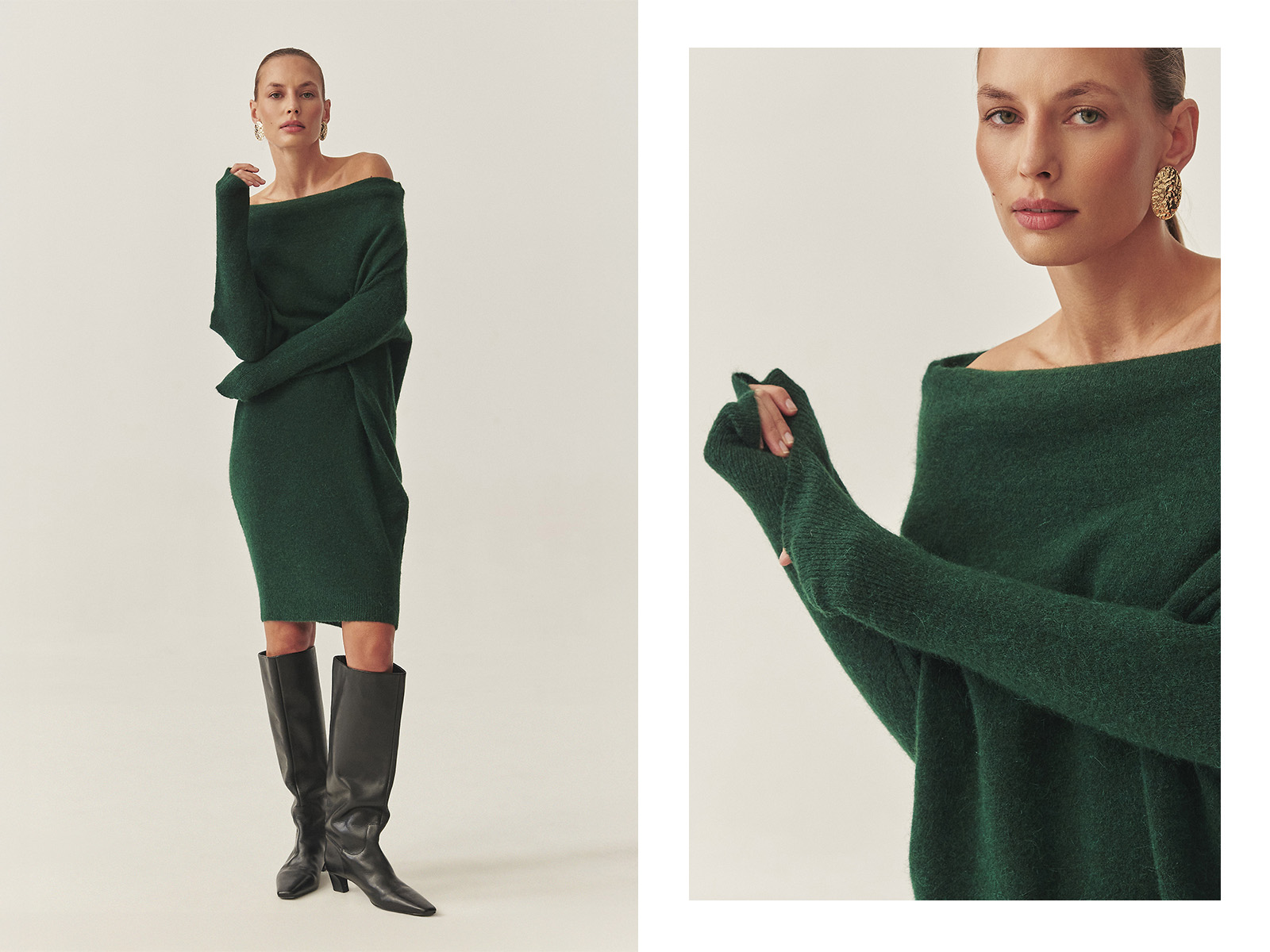 Modelka w zielonej, swetrowej sukience z odkrytymi ramionami