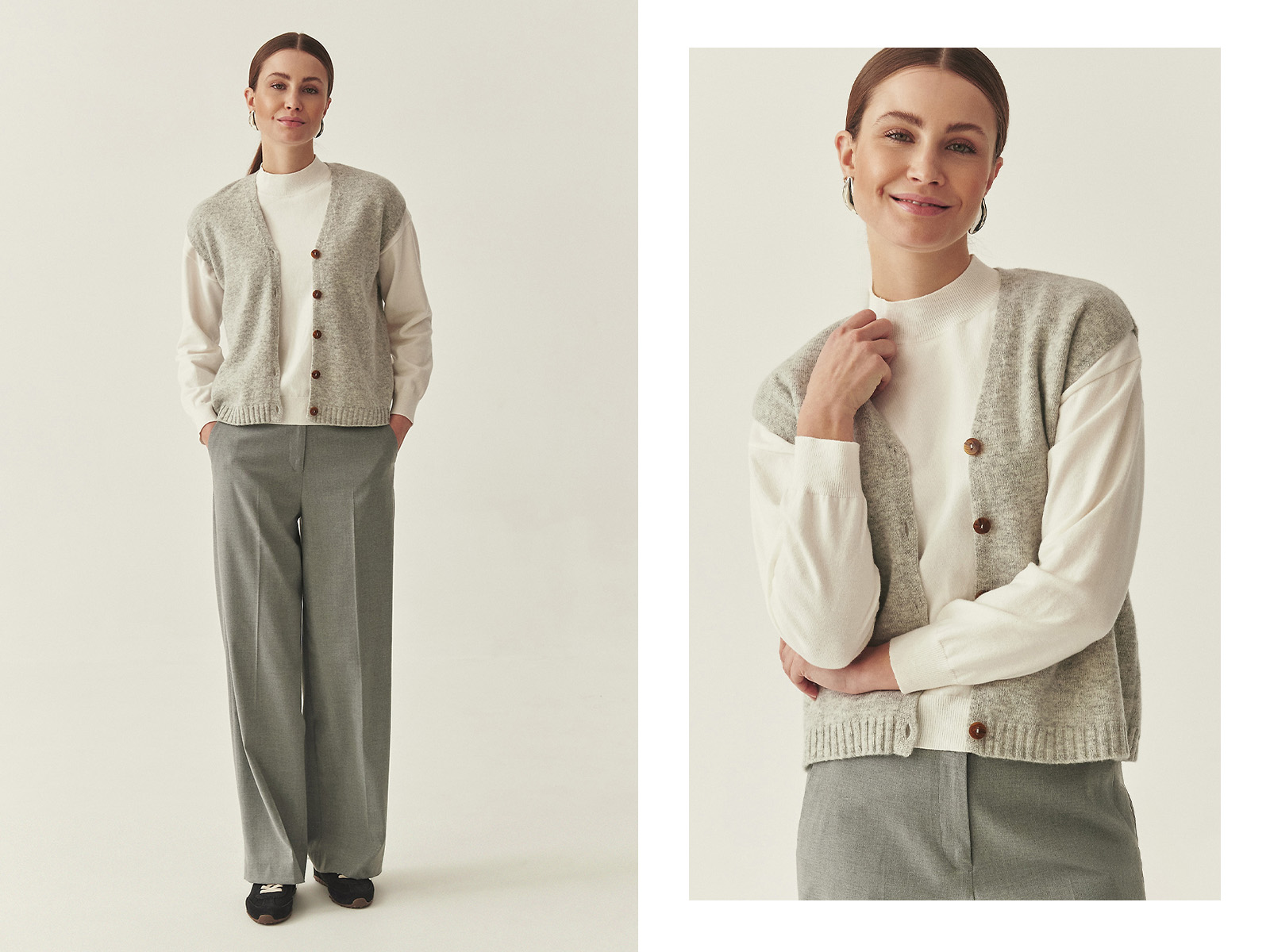 femeie în ținută de iarnă: pantaloni eleganți gri, cămașă albă și vestă din lână