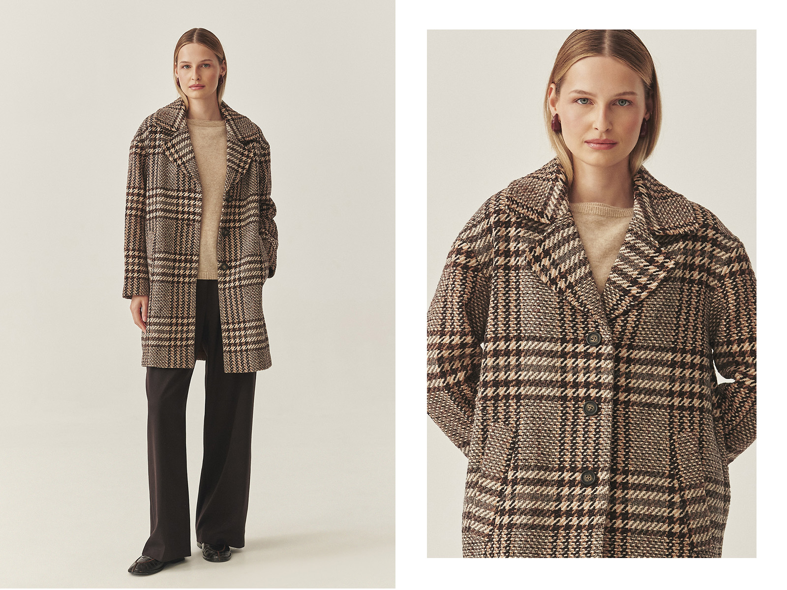 o femeie într-un elegant palton din lână în carouri