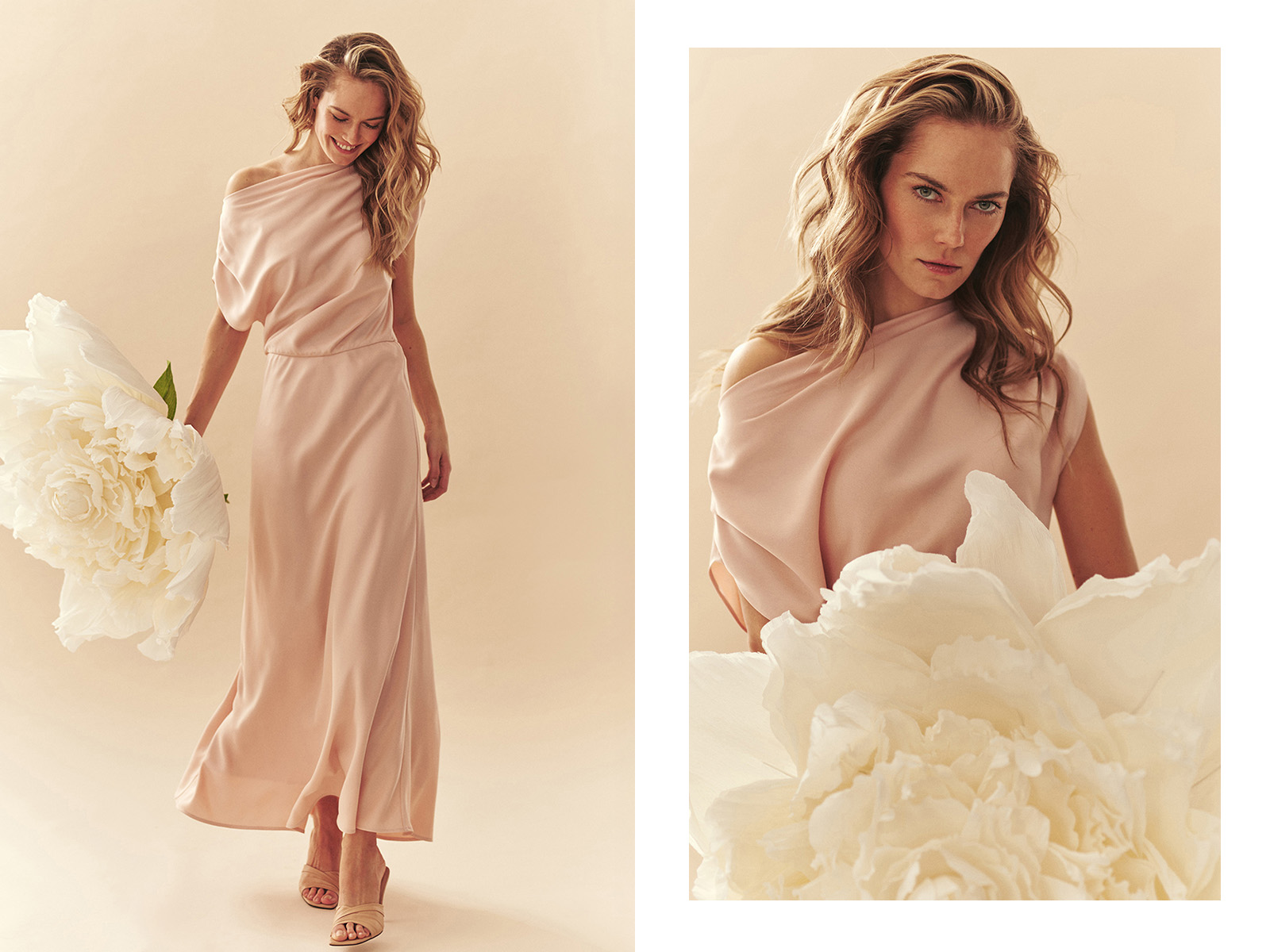 kobieta w długiej sukience trzymająca ogromny kwiat