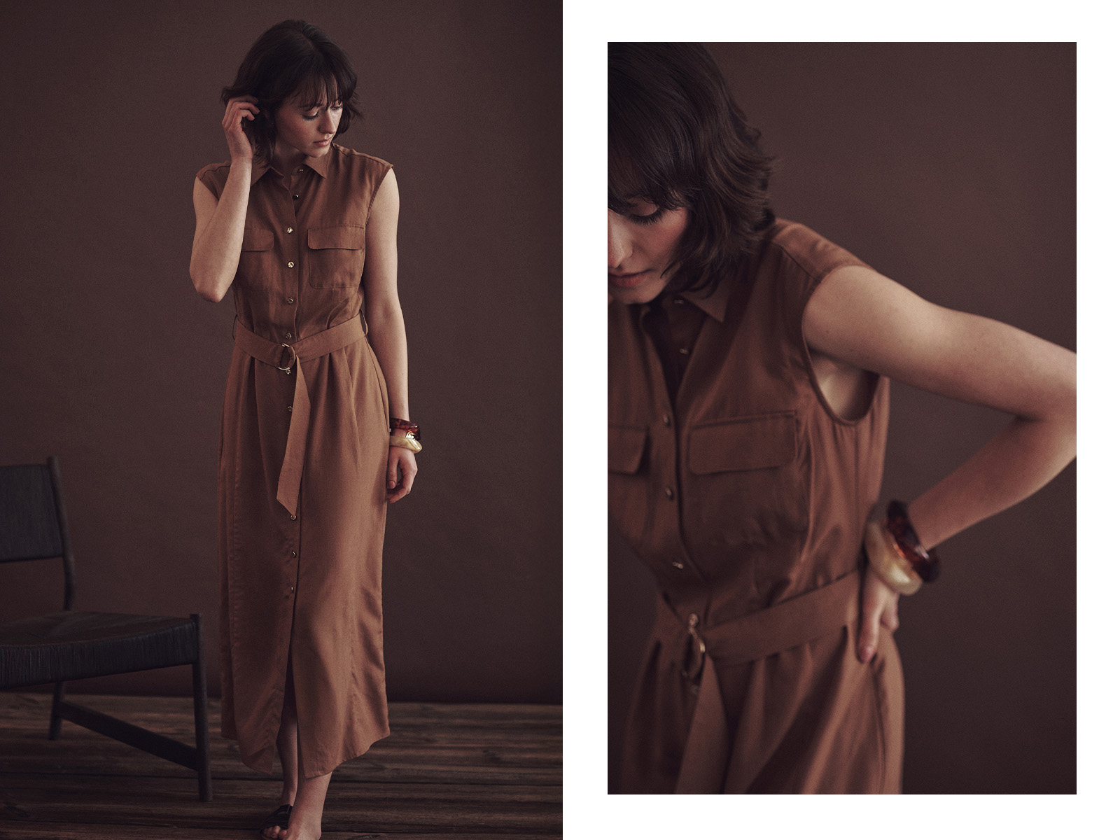 kobieta w długiej zapinanej sukience związanej w pasie