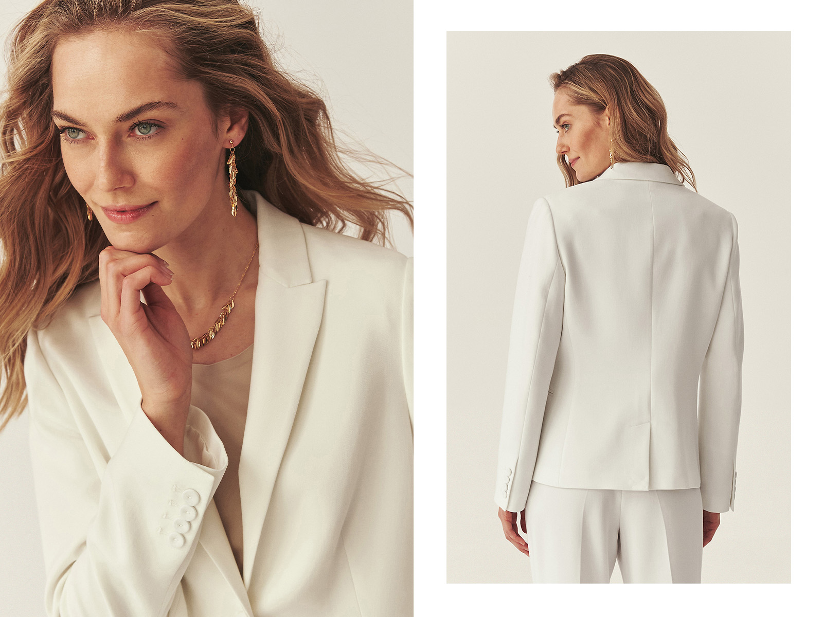 Kobieta w eleganckim, białym garniturze