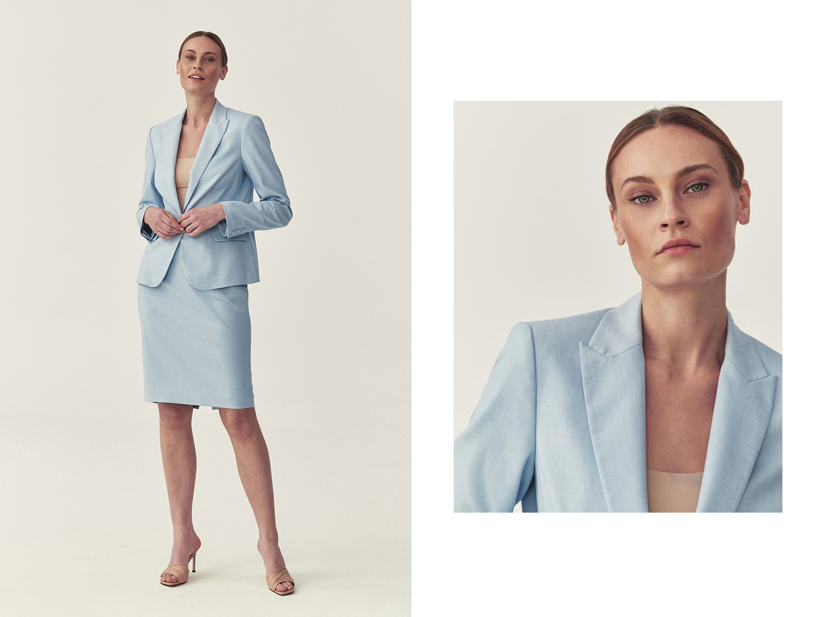 Kobieta w eleganckim błękitnym garniturze