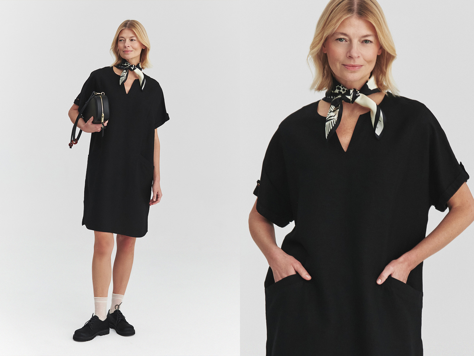 žena v oversize čiernych šatách a s hodvábnou šatkou