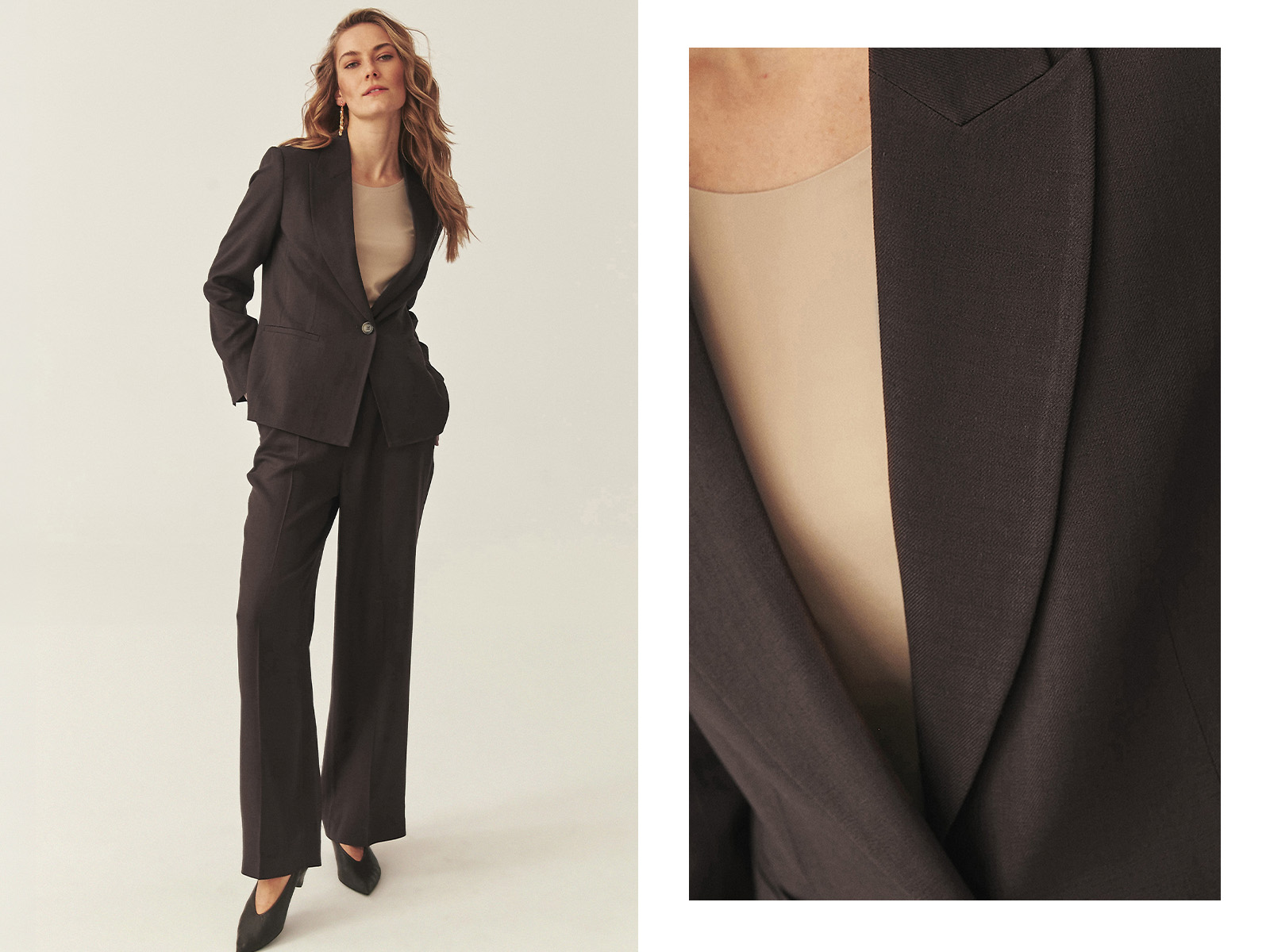 Kobieta w modnym, brązowym garniturze