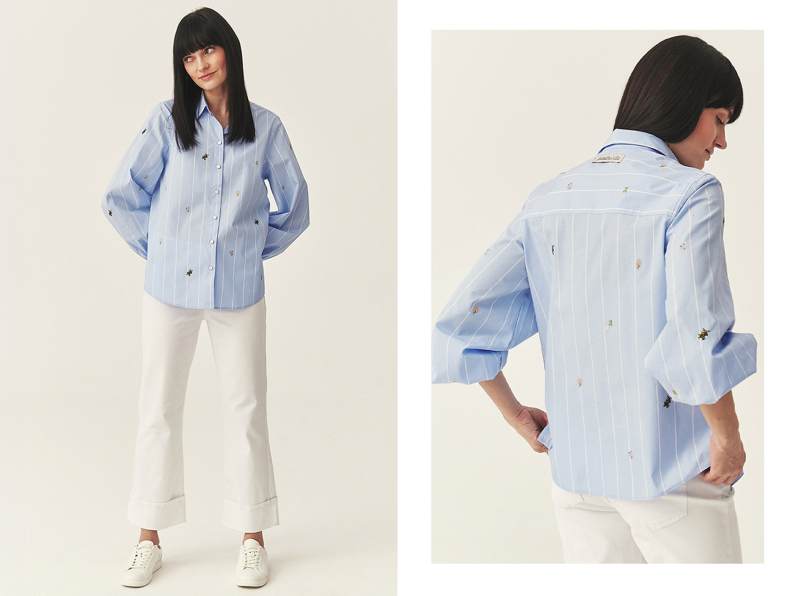 Kobieta w niebieskiej koszuli z limitowanej kolekcji Pszczółka Maja i białych spodniach