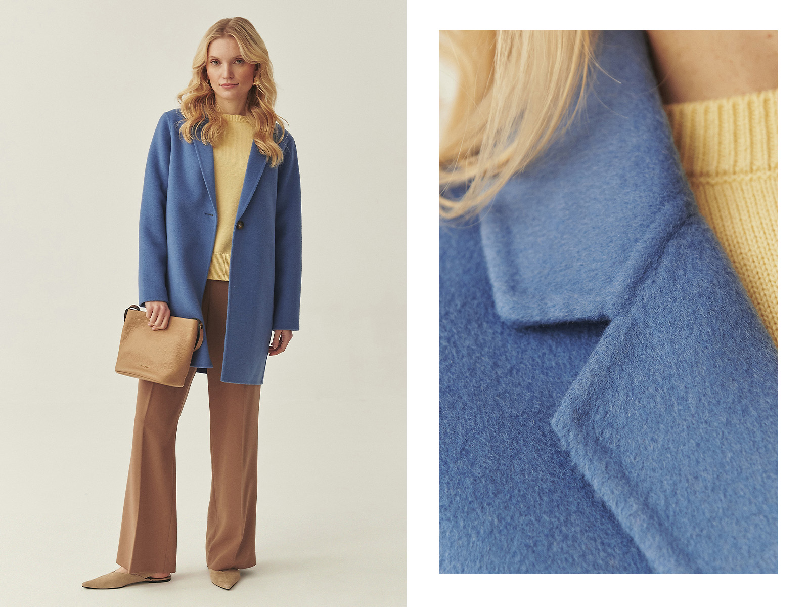 Kobieta w niebieskim płaszczu, żółtym swetrze i brązowych spodniach