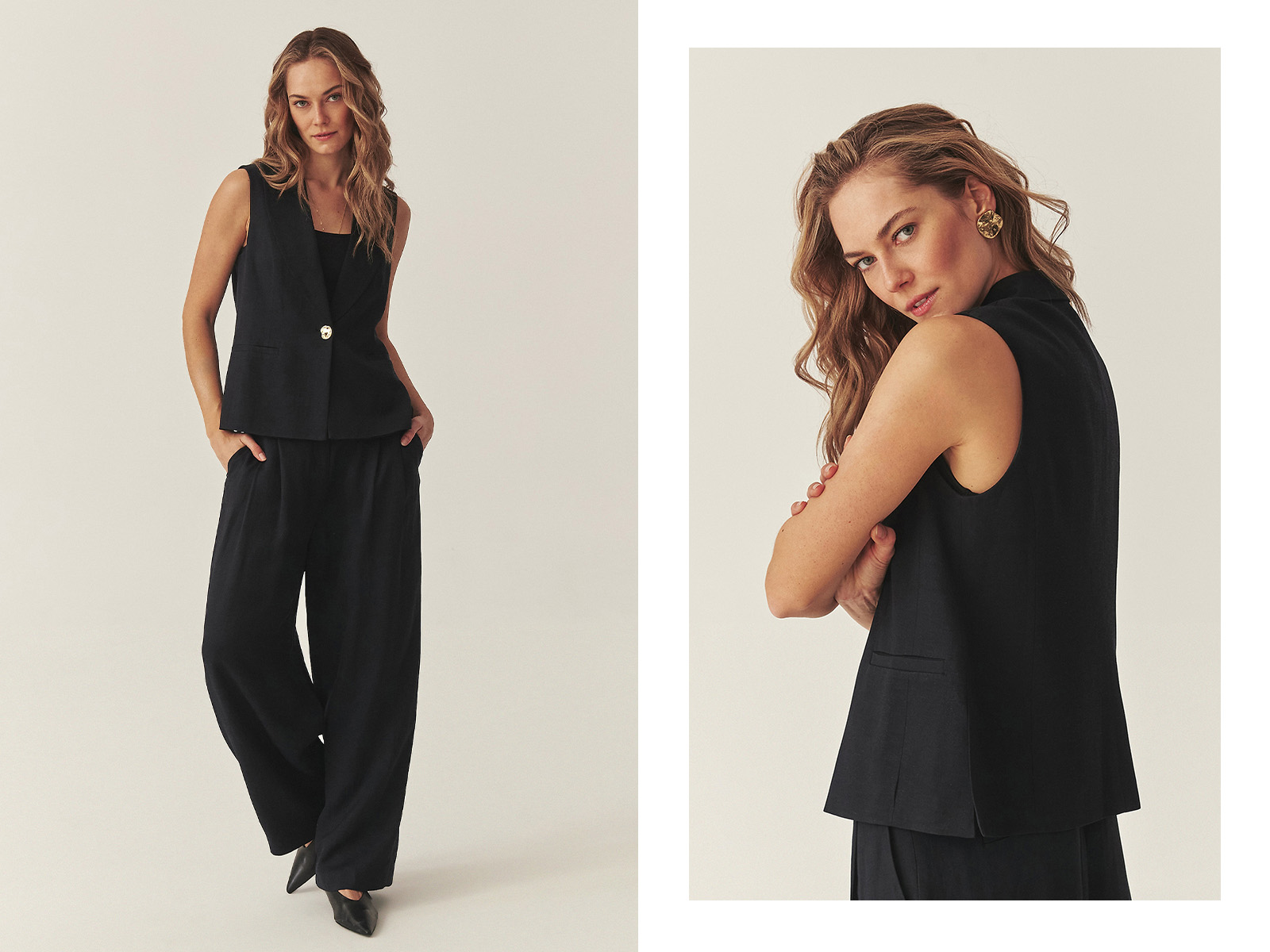 žena v elegantnom kostýme, veste a nohaviciach