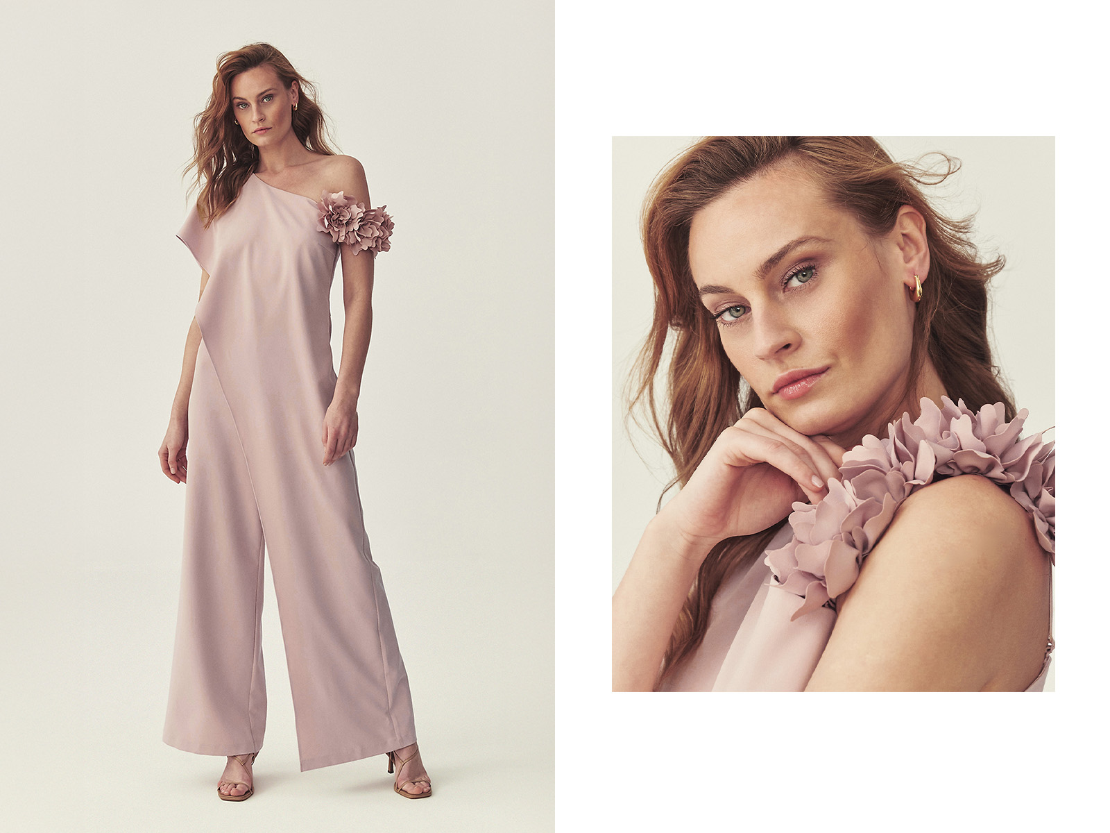 žena v elegantním růžovém kombinézu