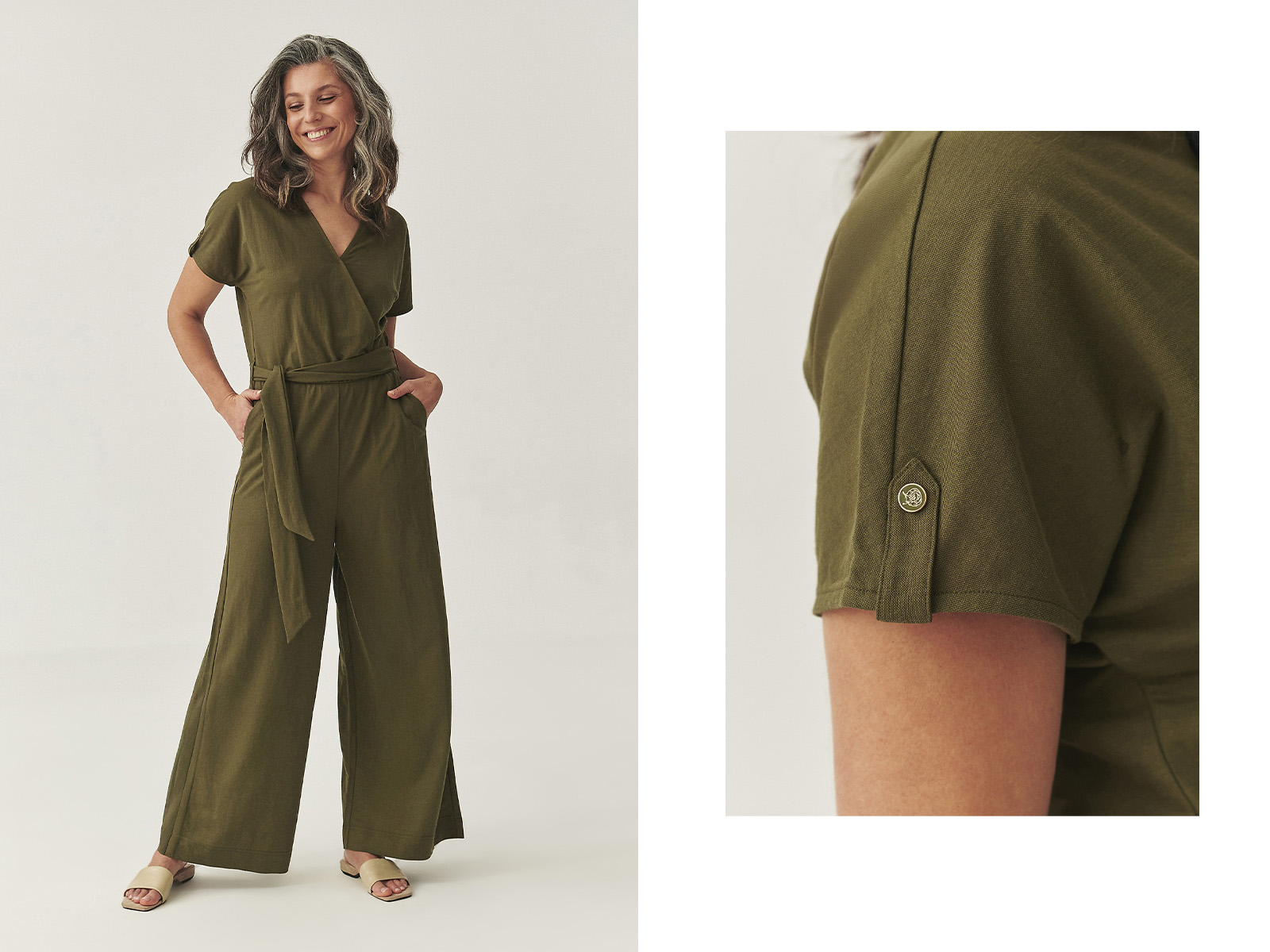 žena v zeleném pleteném overalu