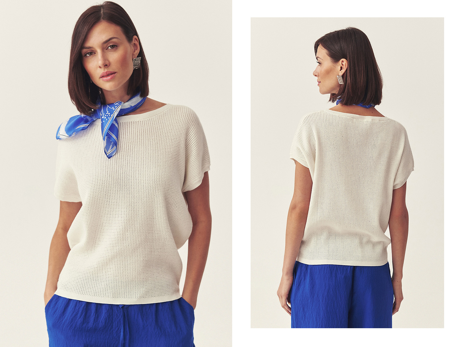 o femeie îmbrăcată într-o bluză elegantă și pantaloni de culoare cobalt