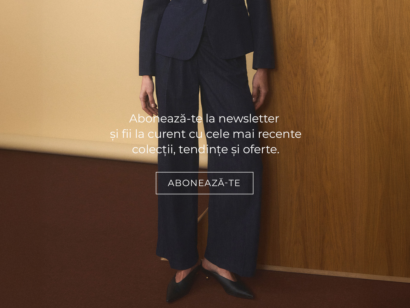 o femeie îmbrăcată într-un costum din denim și un text cu invitația de a se abona la newsletter
