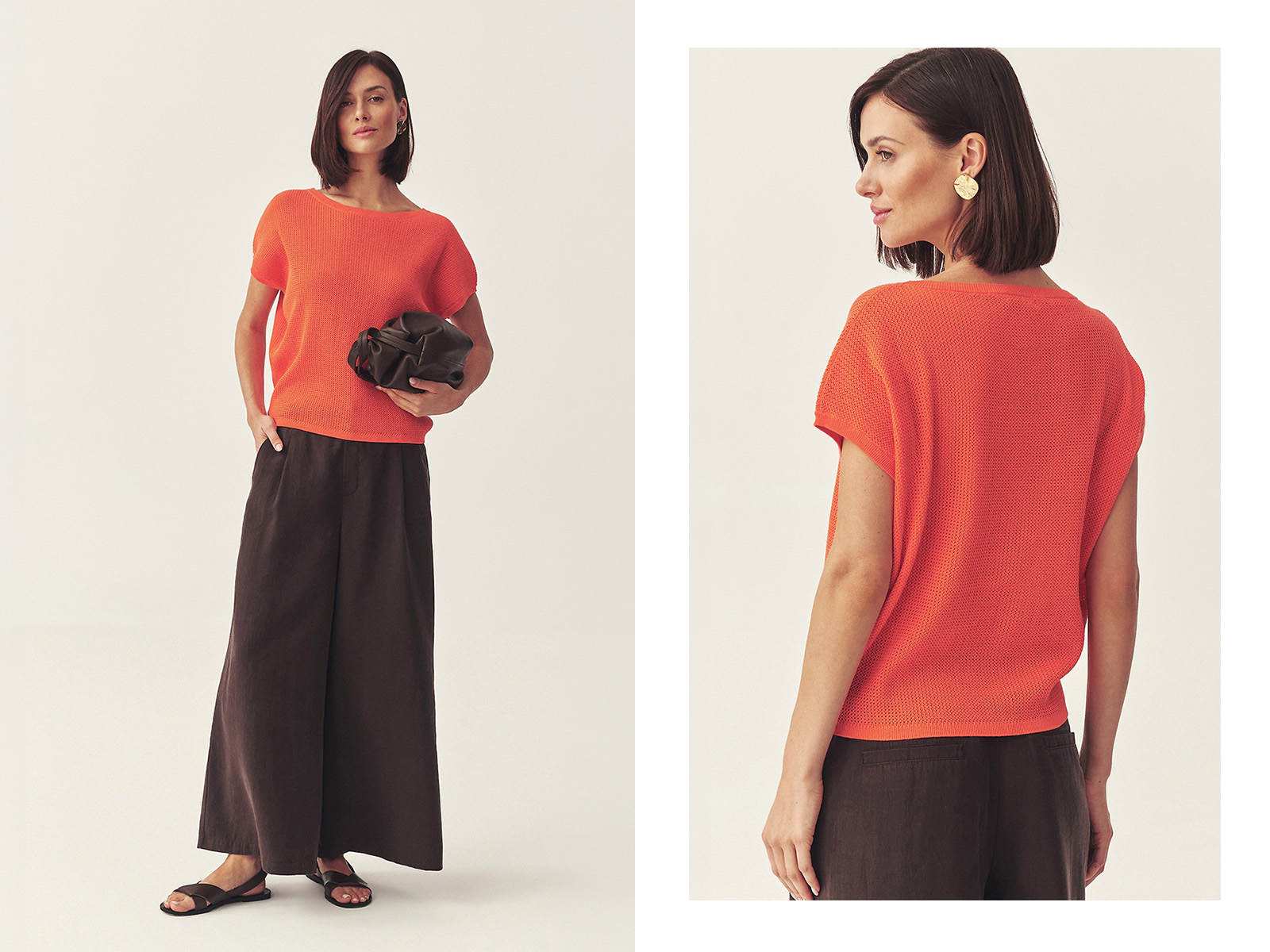 žena v oranžové blůzce a elegantních čokoládově hnědých kalhotách