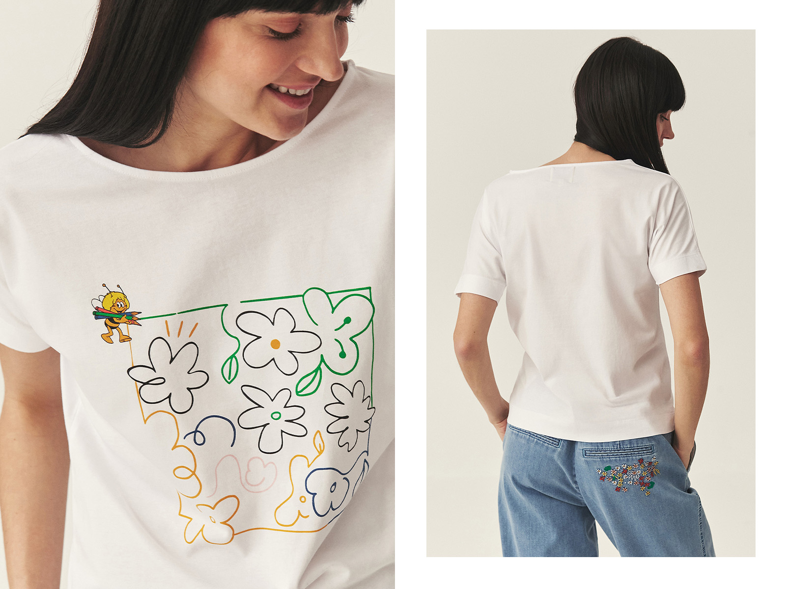 žena v tričku s potiskem z limitované kolekce „Včelka Maja“