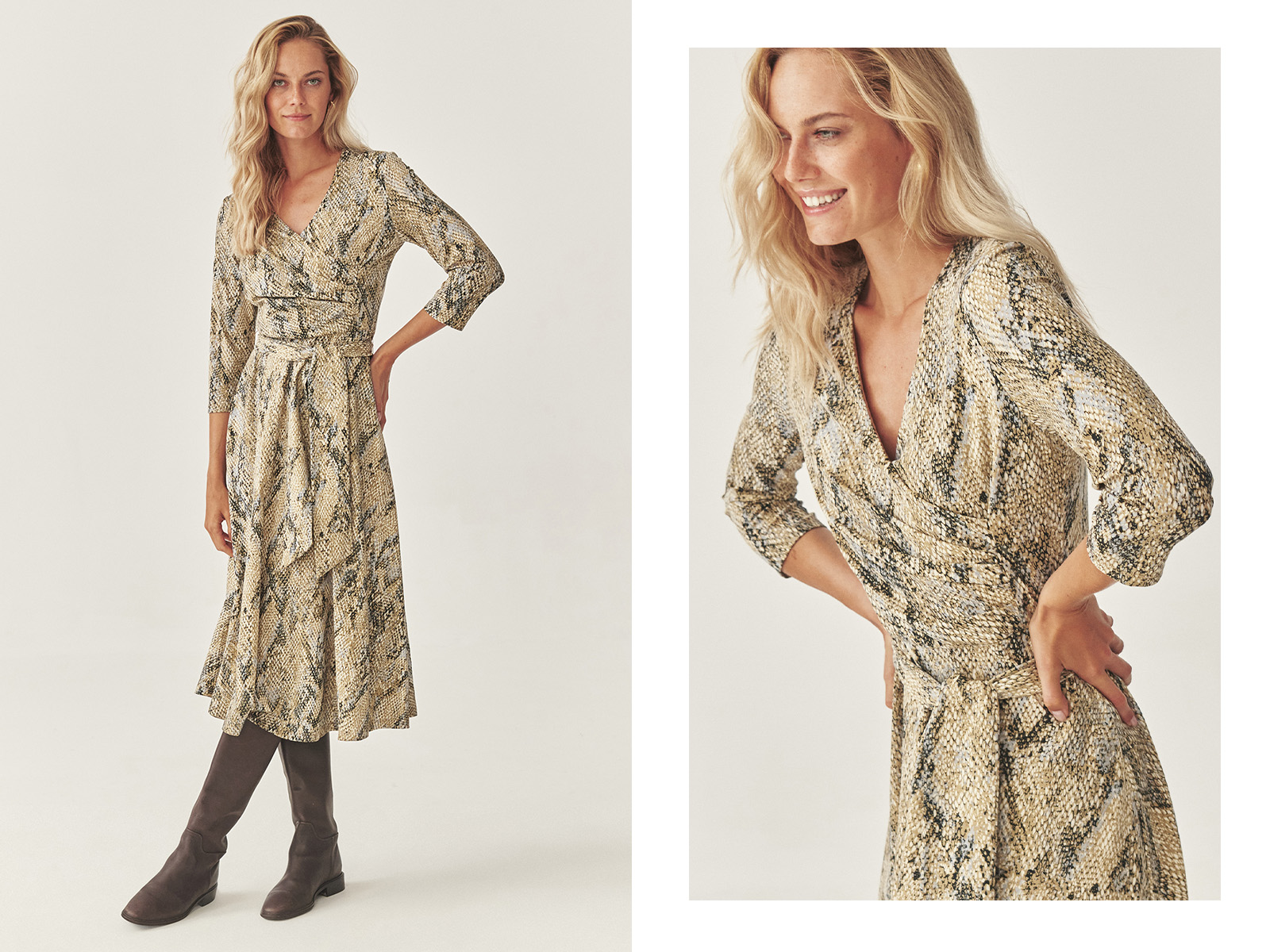 Žena v midi šatech s hadím vzorem